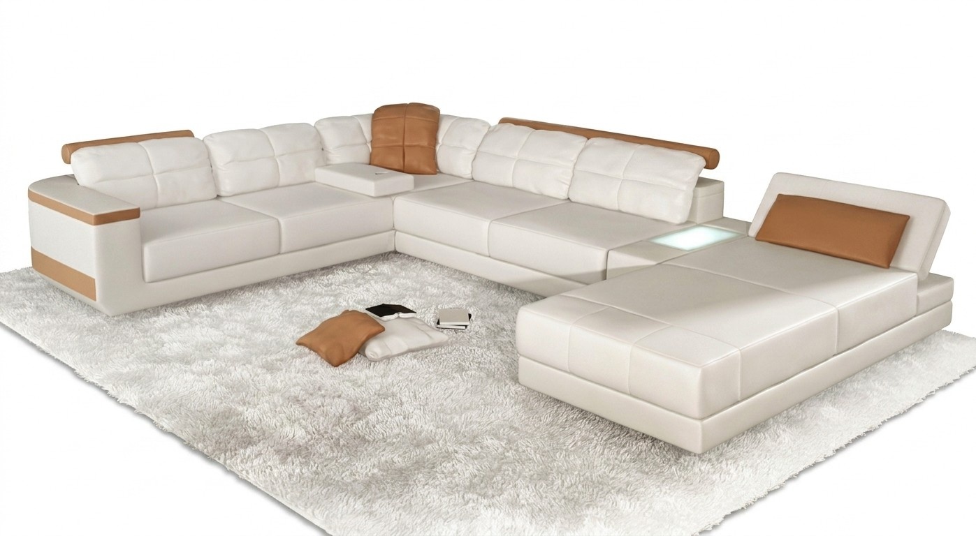 Ecksofa U-Form Sofa Couch Textil Sofas Design Wohnlandschaft Bettfunktion Leder