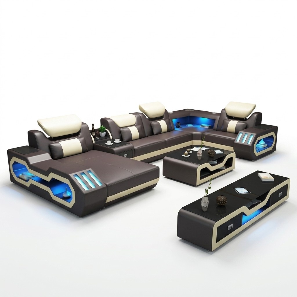 Ecksofa UForm Couchtisch Ledersofa Wohnlandschaft Designer Sofa 2tlg.Set led usb