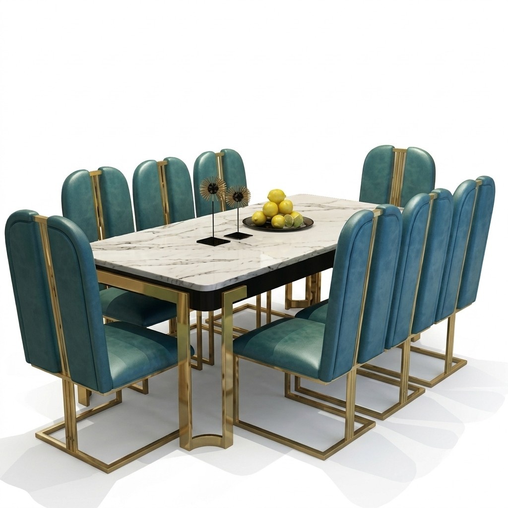 Edelstahl Marmor Imitation Tisch + 8 Lehn Stühle Ess Zimmer Gruppe Garnitur 9tlg