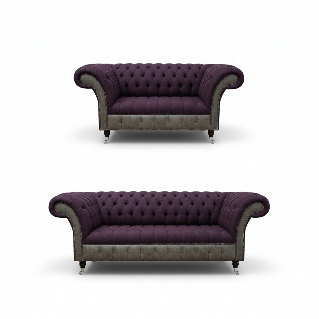 Edle Designer Chesterfield Knopf Garnitur Textil Polster Sitz Leder 3+1 Sitzer