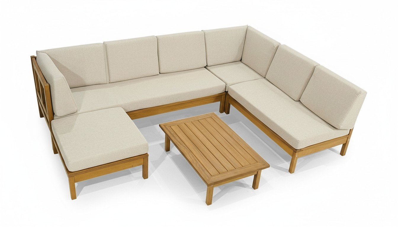 Edle Gartenmöbel Designer U-Form Ecksofa Holz Couchtisch Hocker 3tlg Set