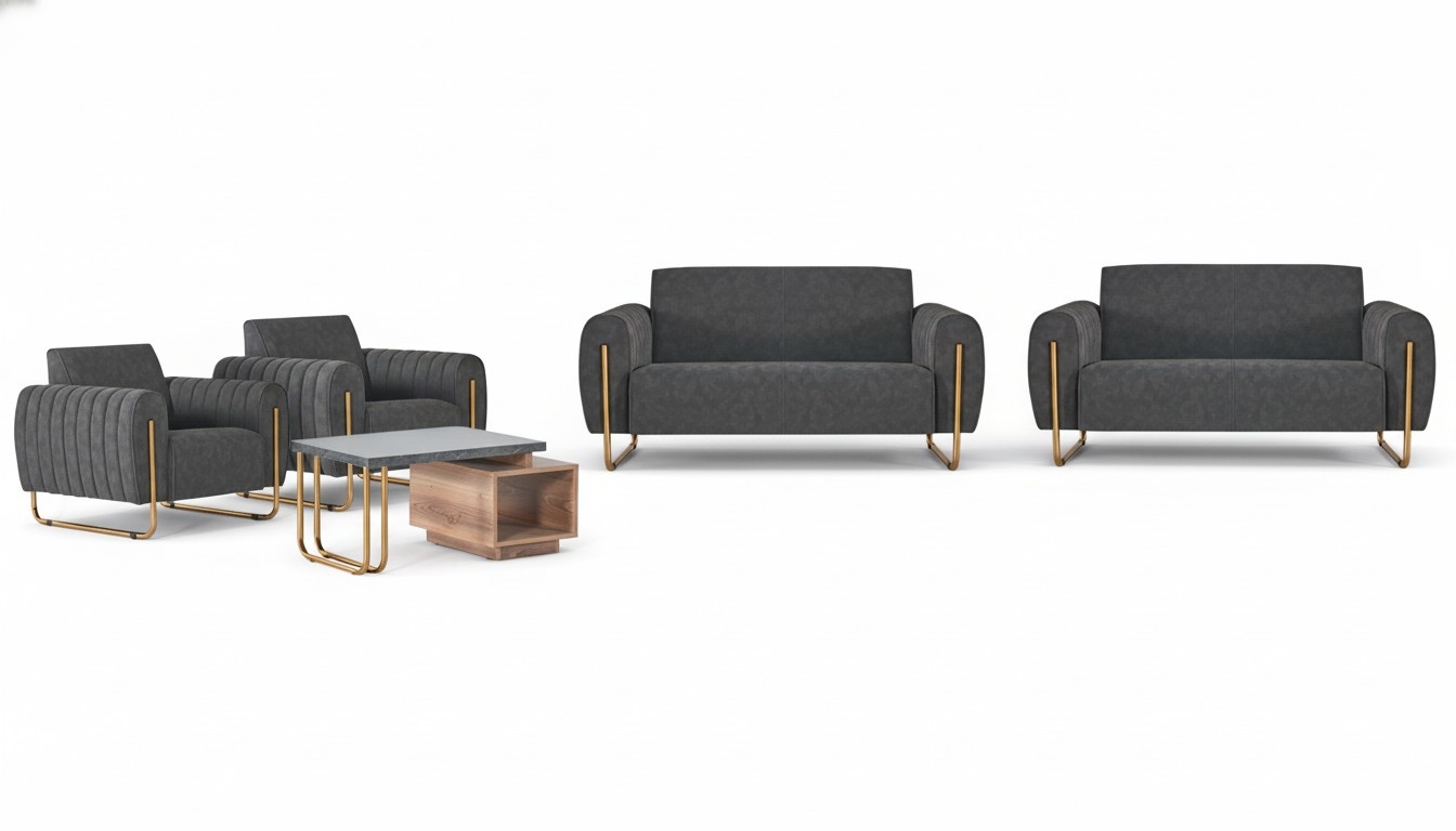 Edle Graue Bürogarnitur 2x Polster Zweisitzer Holz Couchtisch Stoffmöbel