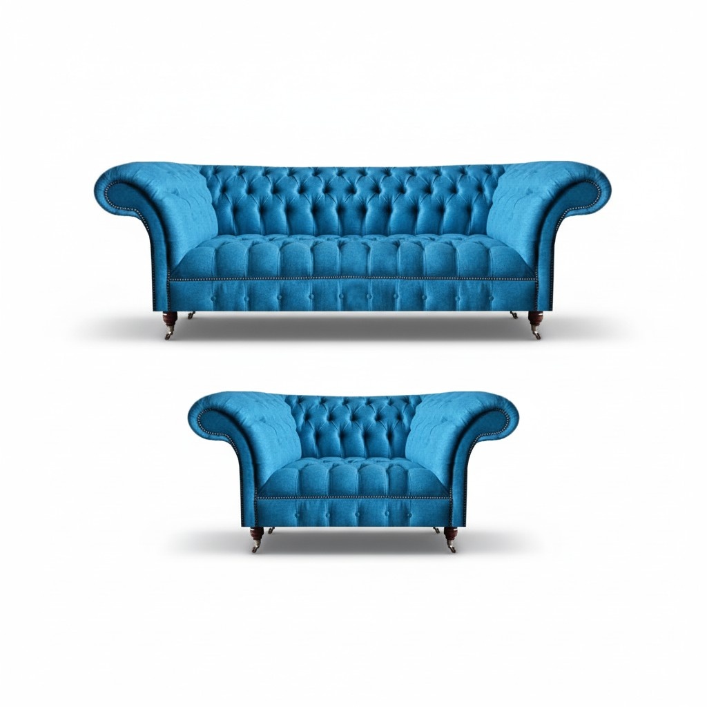 Edle Himmelblaue Chesterfield Garnitur Designer 3-Sitzer Zweisitzer Set