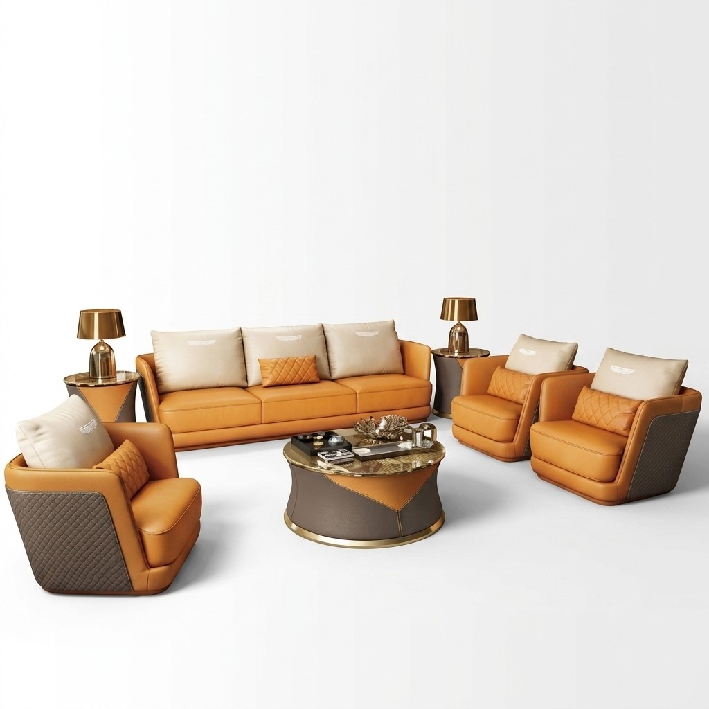 Edle Luxus Klasse Wohn Zimmer Set Garnitur Sofa Couch Polster 7tlg. Set Leder