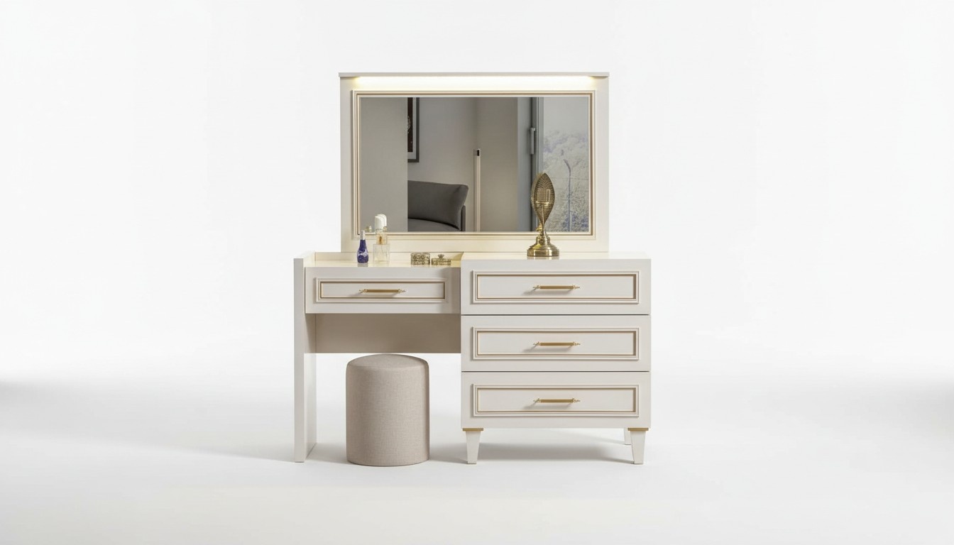 Edle Schlafzimmer Möbel Weißer Schminktisch Spiegel Polsterhocker 3tlg
