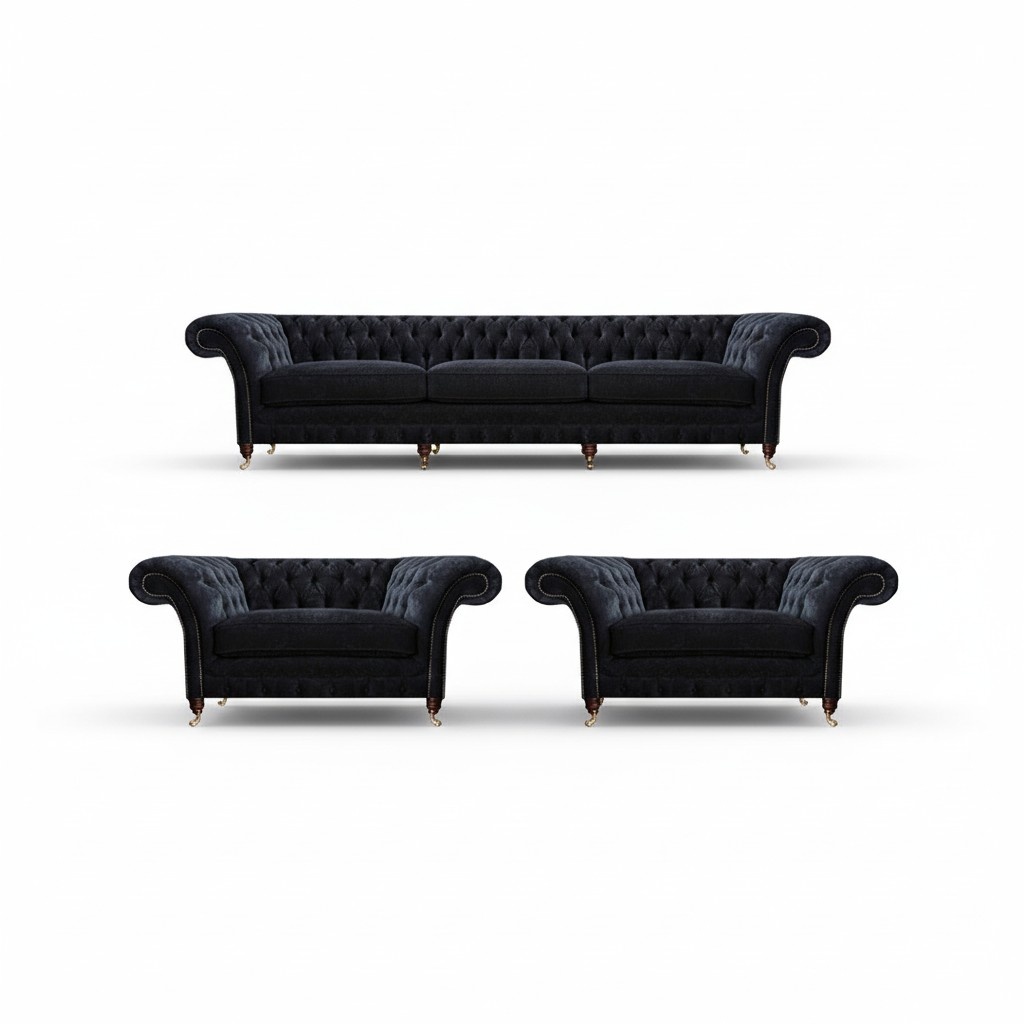 Edle Schwarze Chesterfield Wohnzimmer Sitzgarnitur Dreisitzer Sessel