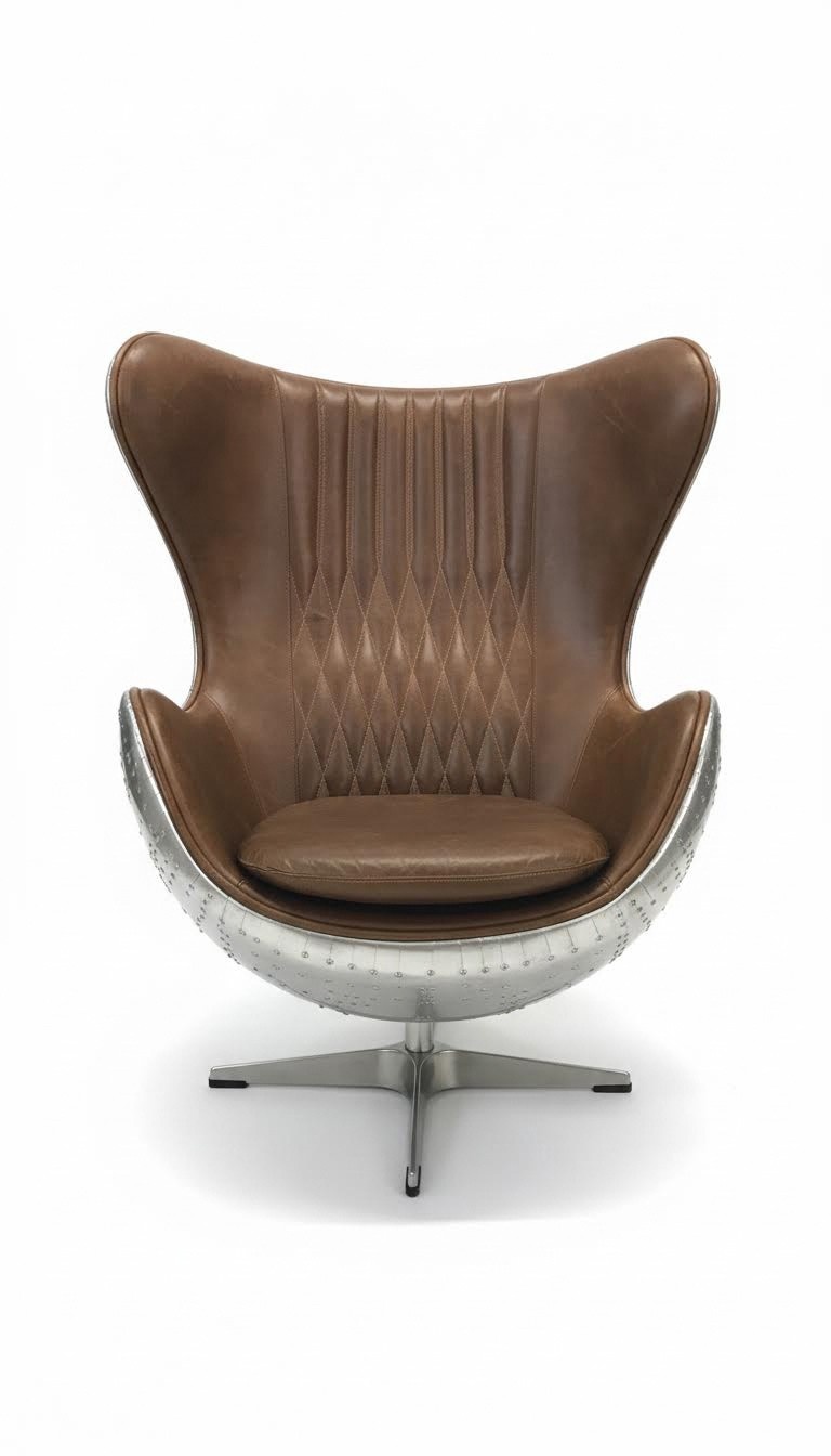 Eggchair Leder Braun Metall silber Ohrensessel Egg Chair Flieger Club Sessel neu