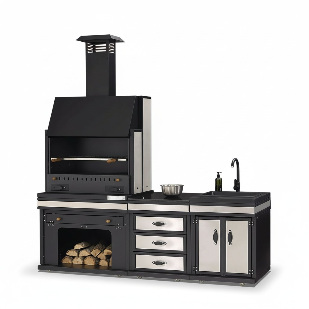 Elegante Außenküche aus Edelstahl in Schwarz für Garten und Terrasse