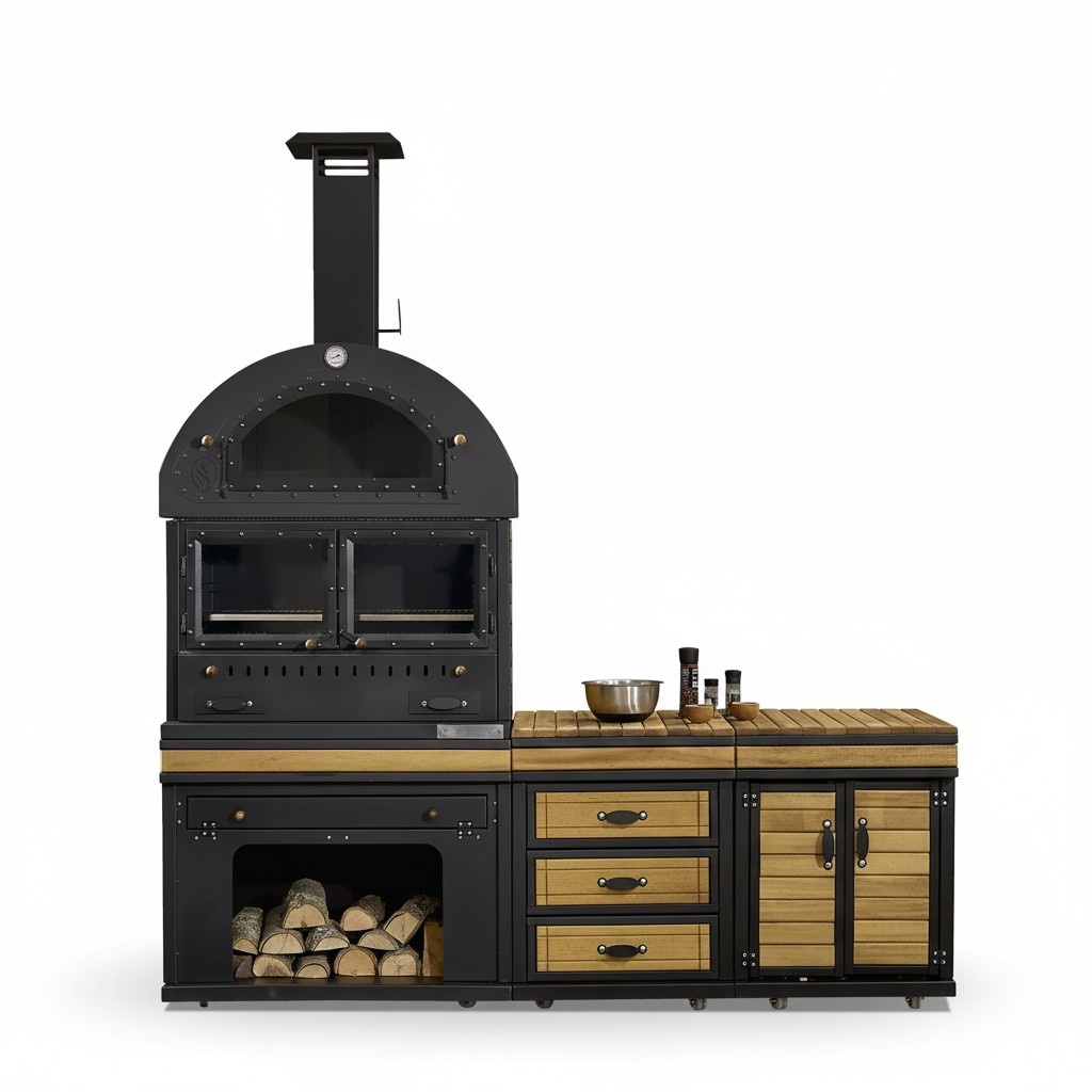 Elegante Außenküche aus Edelstahl und Holz in Schwarz