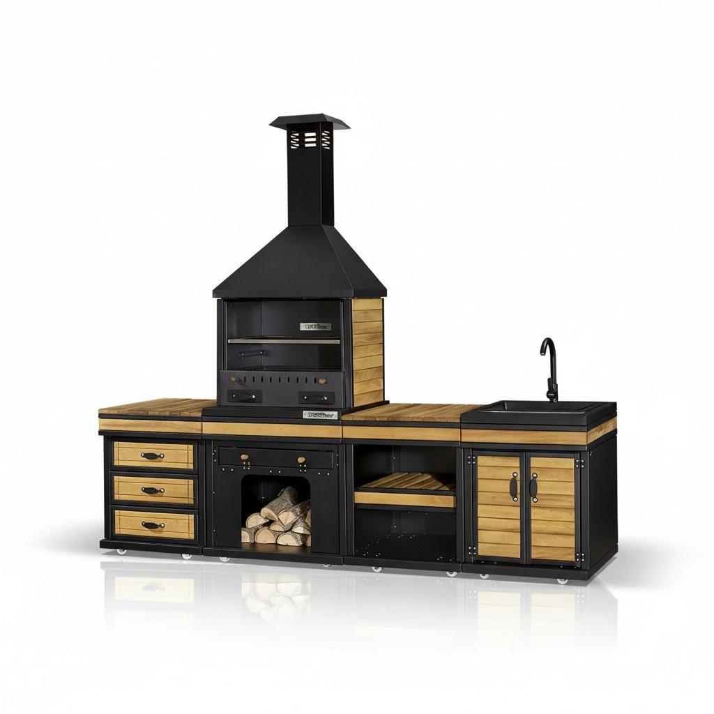 Elegante Außenküche aus Holz und Edelstahl in Schwarz