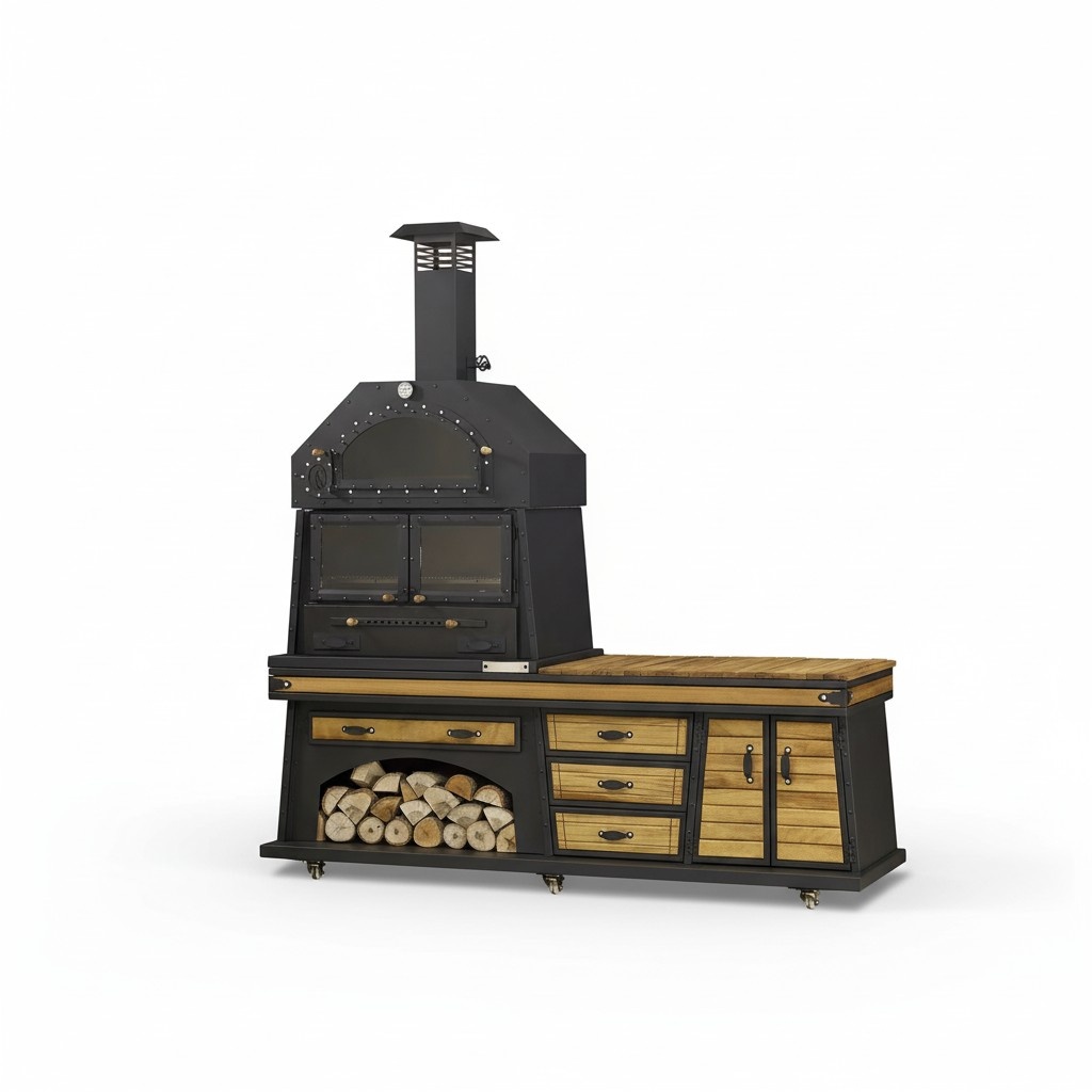 Elegante Außenküche aus Holz und Edelstahl in Schwarz