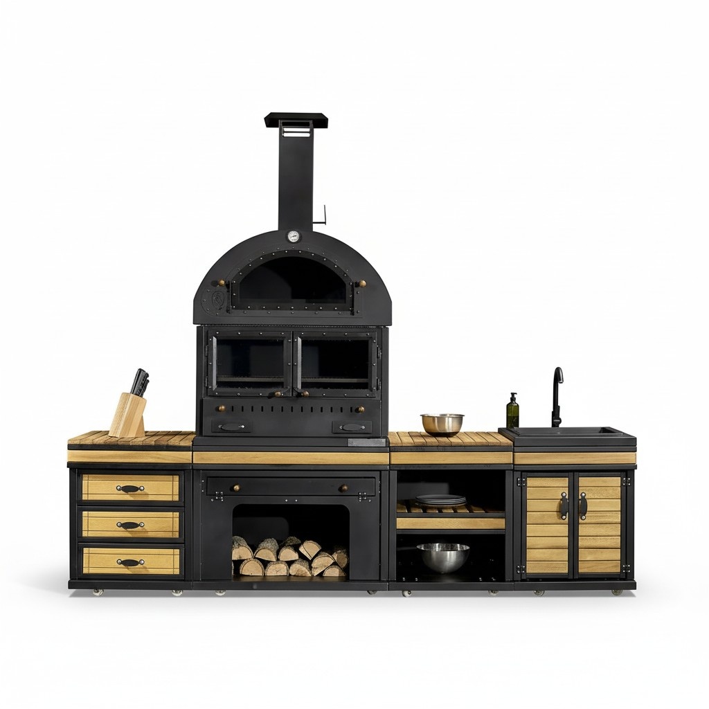 Elegante schwarze Außenküche aus Holz und Edelstahl für Garten