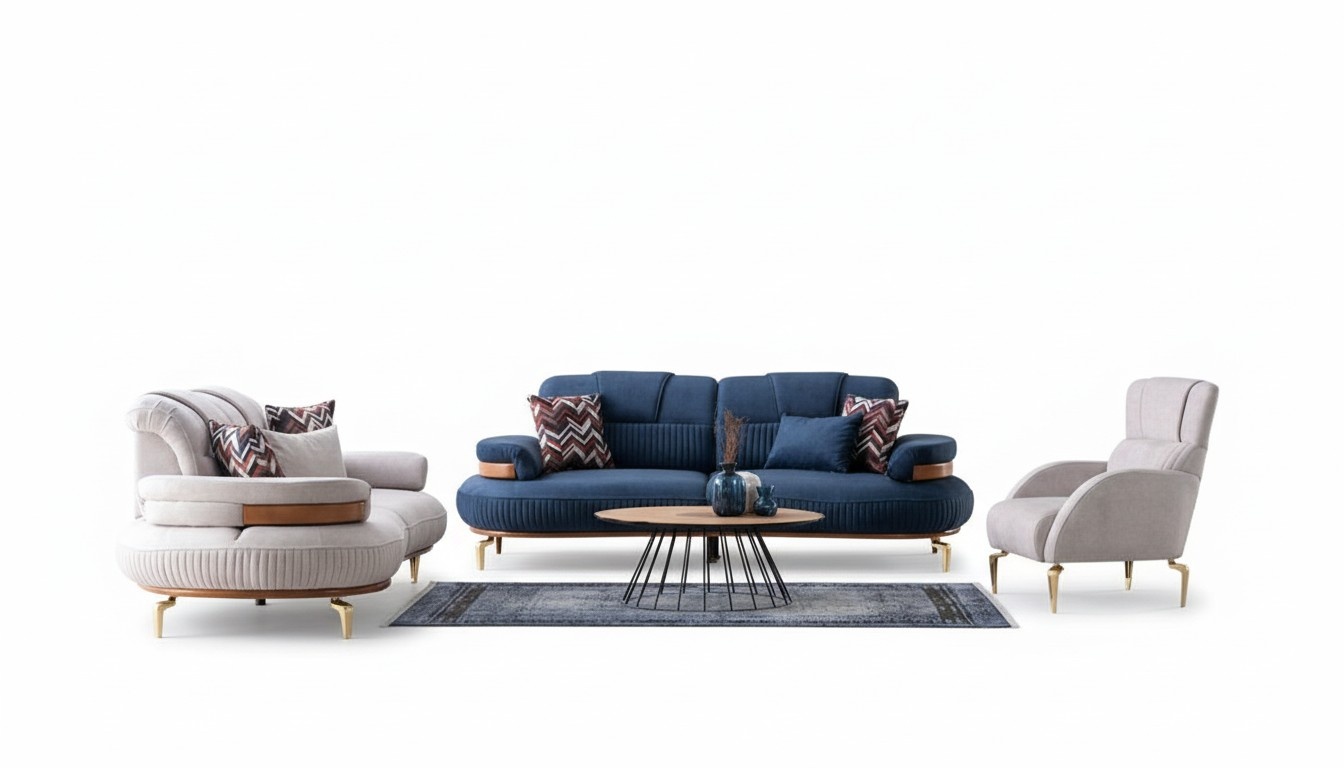 Elegante Sofagarnitur 3+3+1 Stilvolle Wohnlandschaft Beige Blau Sitzpolter Set