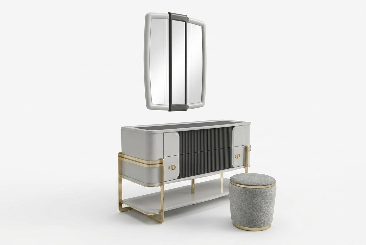 Eleganter Beigeton Holz Schminktisch mit Spiegel und Hocker