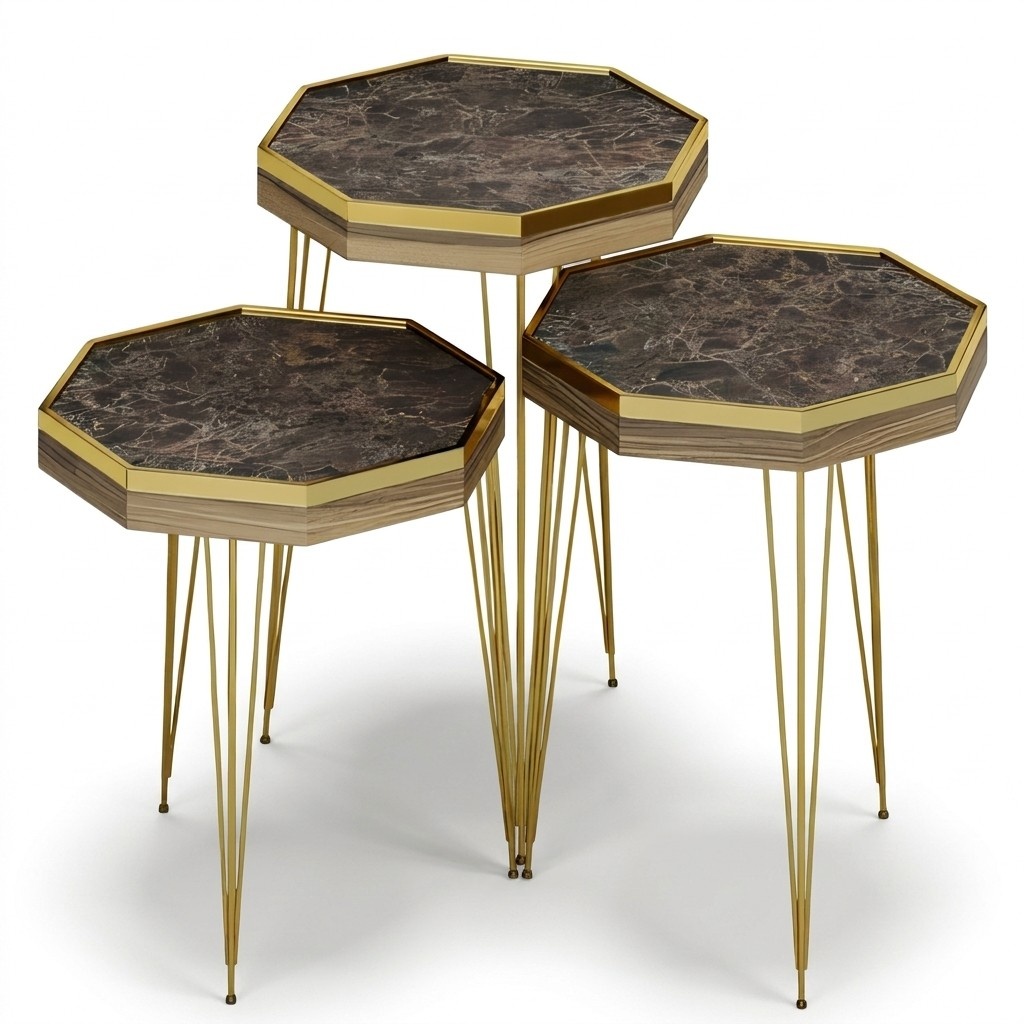 Beistelltisch Set 3 Teile in Marmor-Optik Braun mit Goldenen Metallbeinen