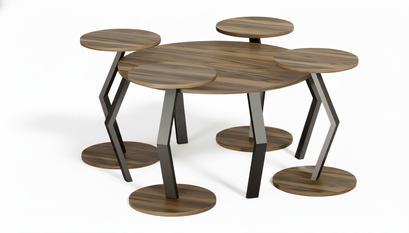 Eleganter brauner Holz-Couchtisch mit vier Beistelltischen in modernem