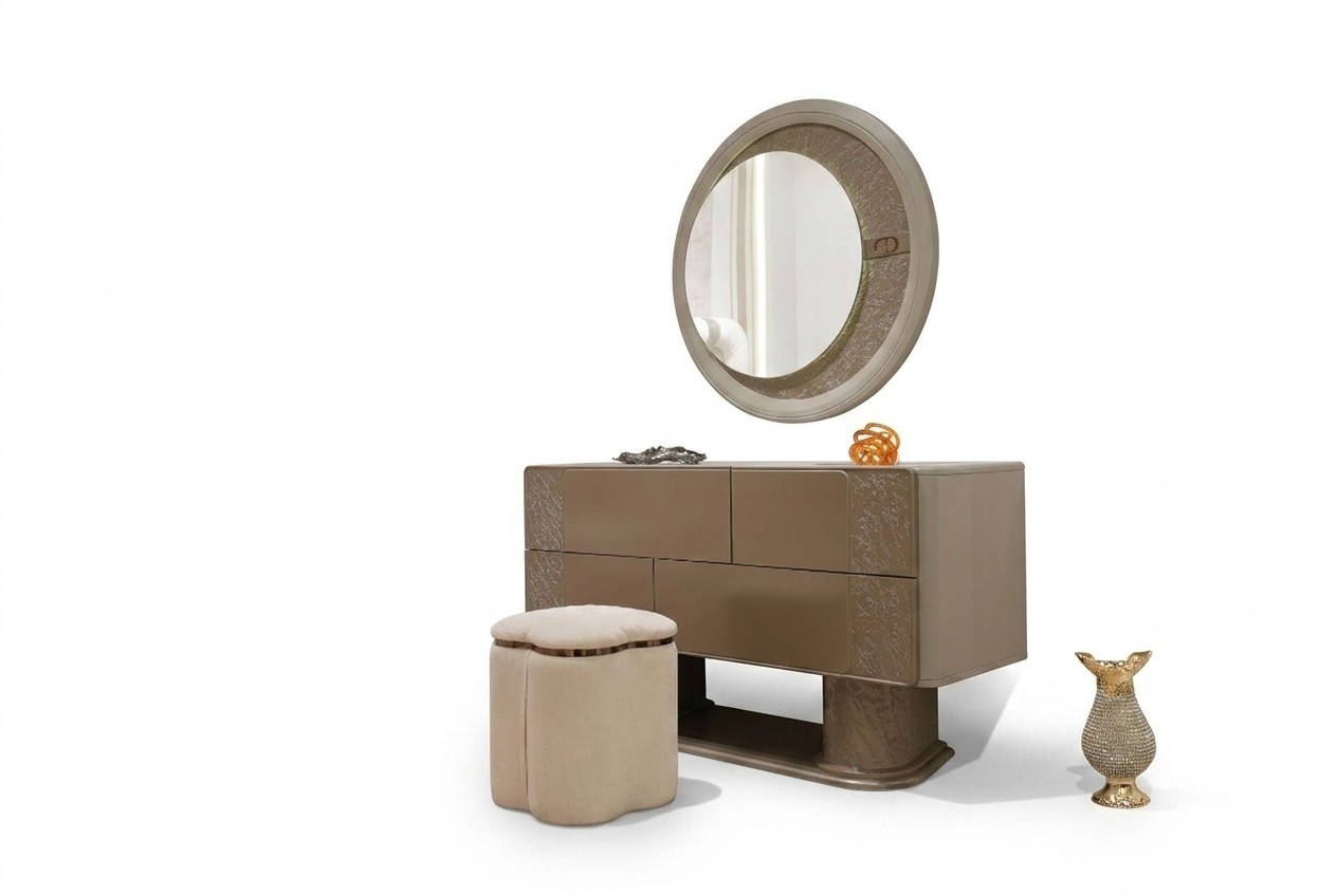 Eleganter brauner Schminktisch mit Spiegel und Hocker aus Holz