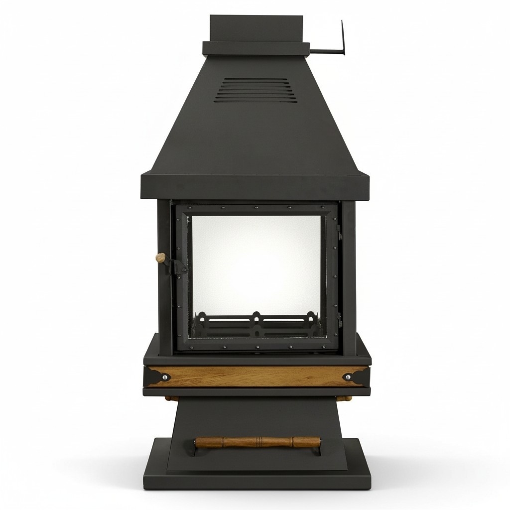 Eleganter schwarzer freistehender Kamin aus Edelstahl und Holz