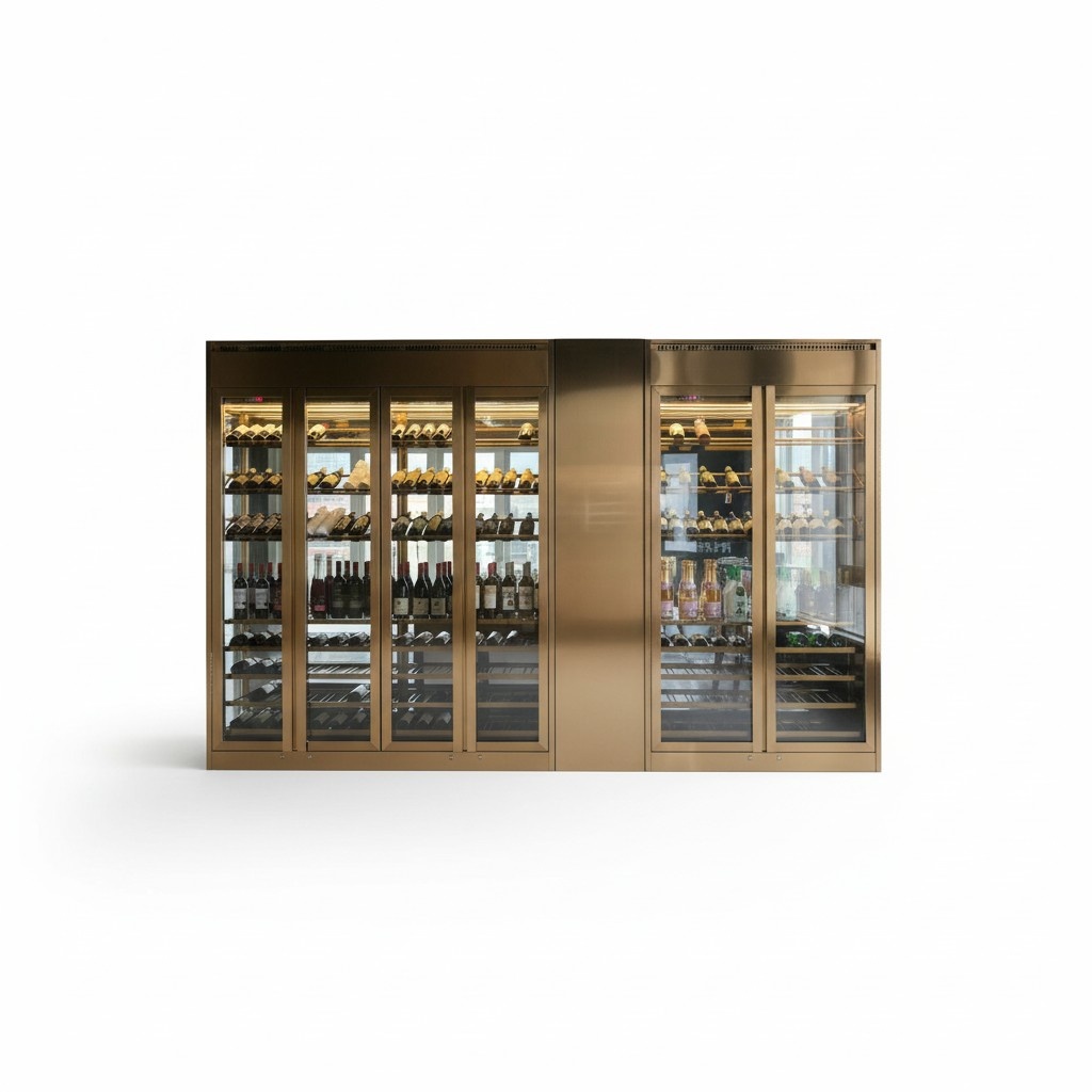 Eleganter silberner Weinschrank aus Edelstahl mit moderner Optik
