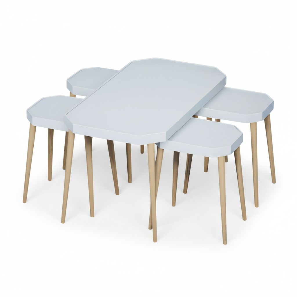 Eleganter weißer Holztisch-Set mit Couchtisch und Beistelltischen