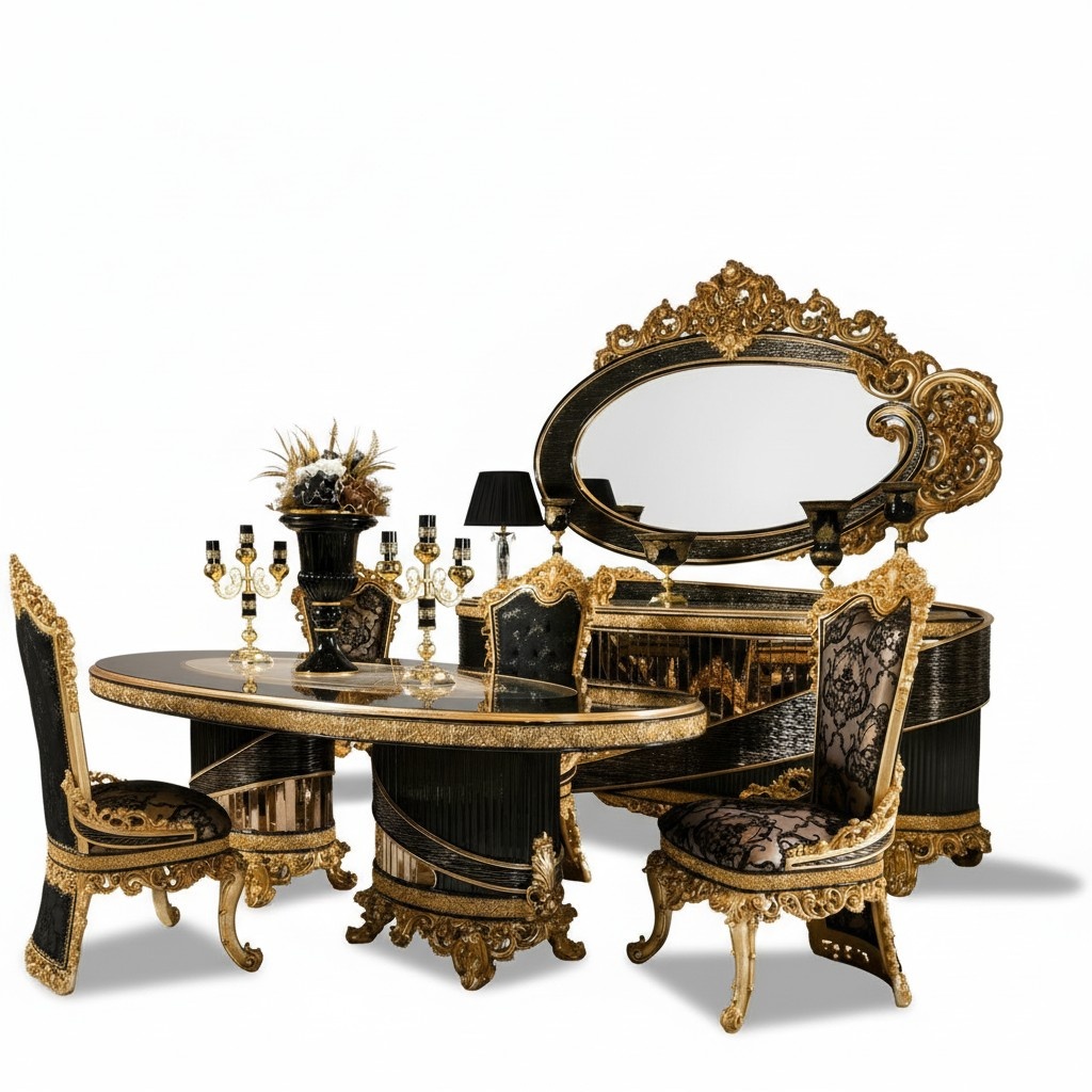 Elegantes 9-tlg. Esszimmer Set Schwarz Holz Glas mit Spiegel