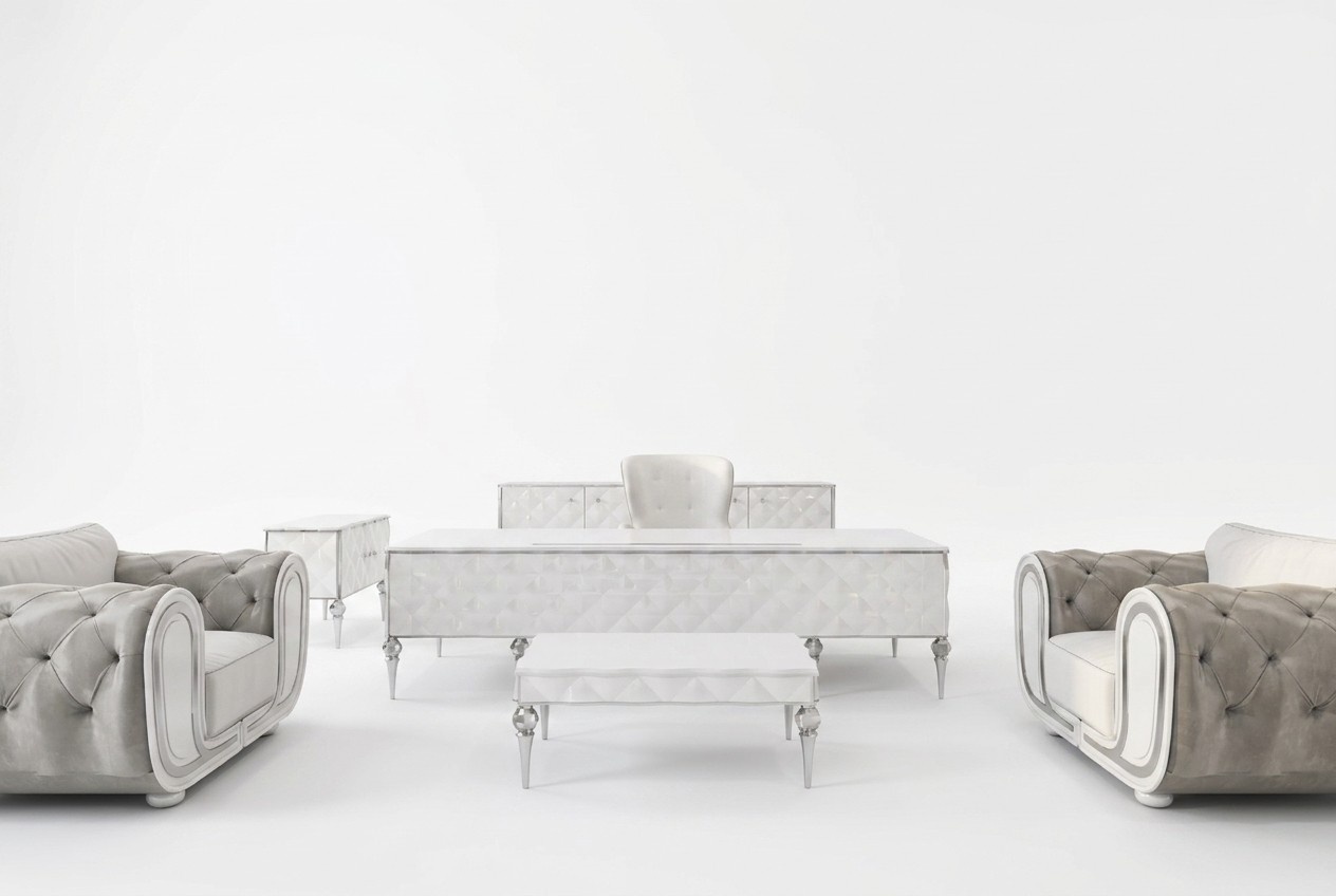 Elegantes Arbeitszimmer-Set mit weißen Holz-Textil Möbeln