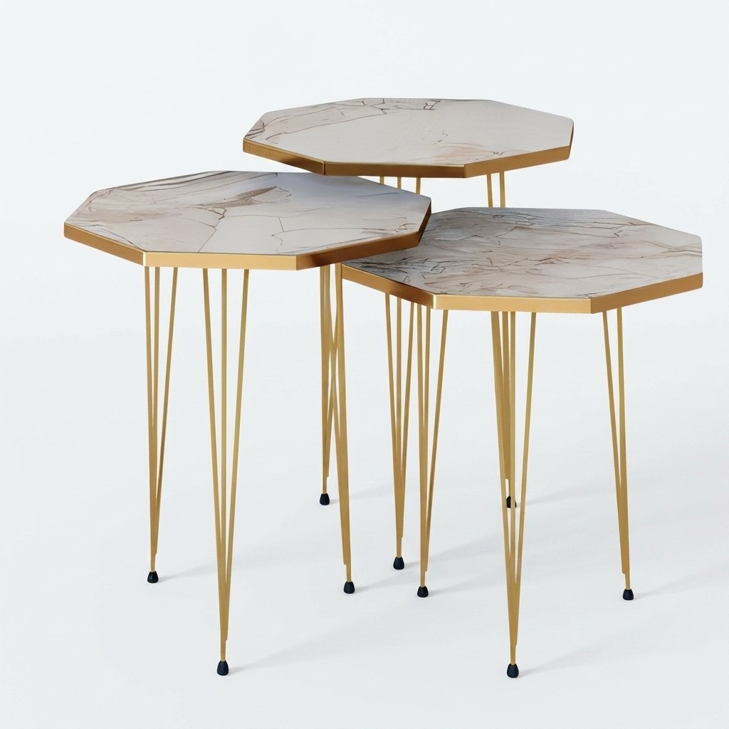 Elegantes beige Couchtisch-Set aus Holz und Edelstahl