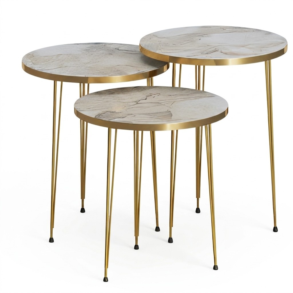 Elegantes Beiges Couchtisch-Set aus Holz und Edelstahl