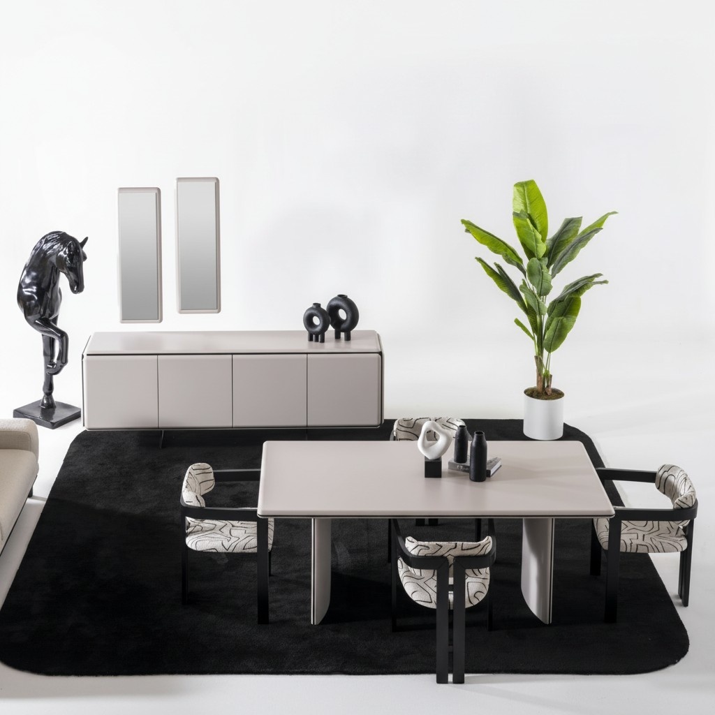 Elegantes Beiges Esszimmer Set mit Esstisch, Stühlen, Sideboard
