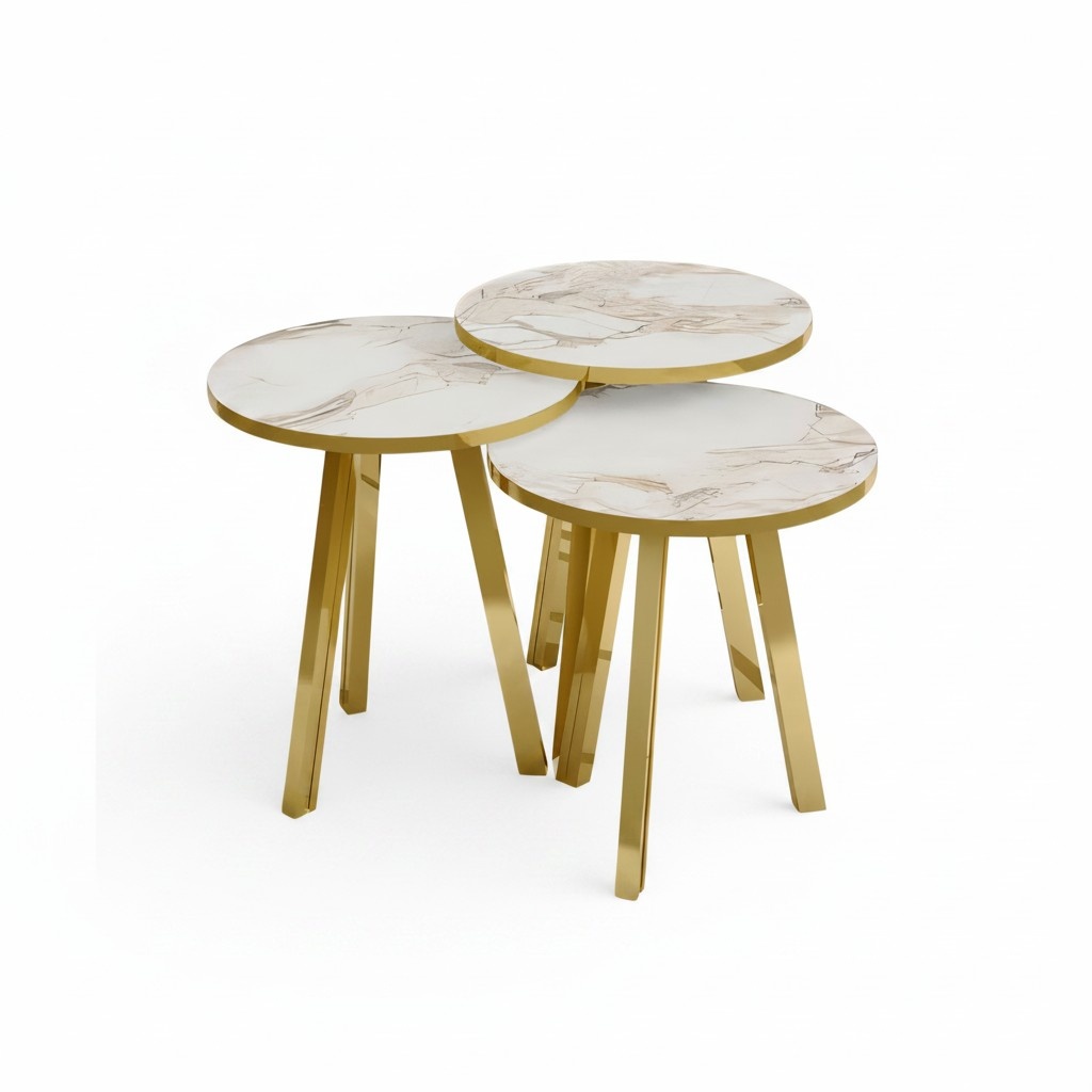 Elegantes Beiges Holz-Metall Couchtisch-Set für modernes Wohnzimmer