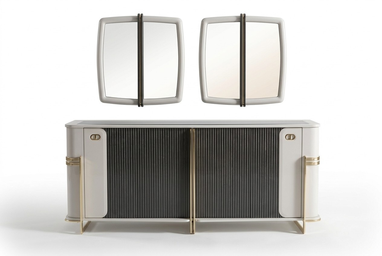 Elegantes Beiges Holz Sideboard mit Spiegel in Modernem Design
