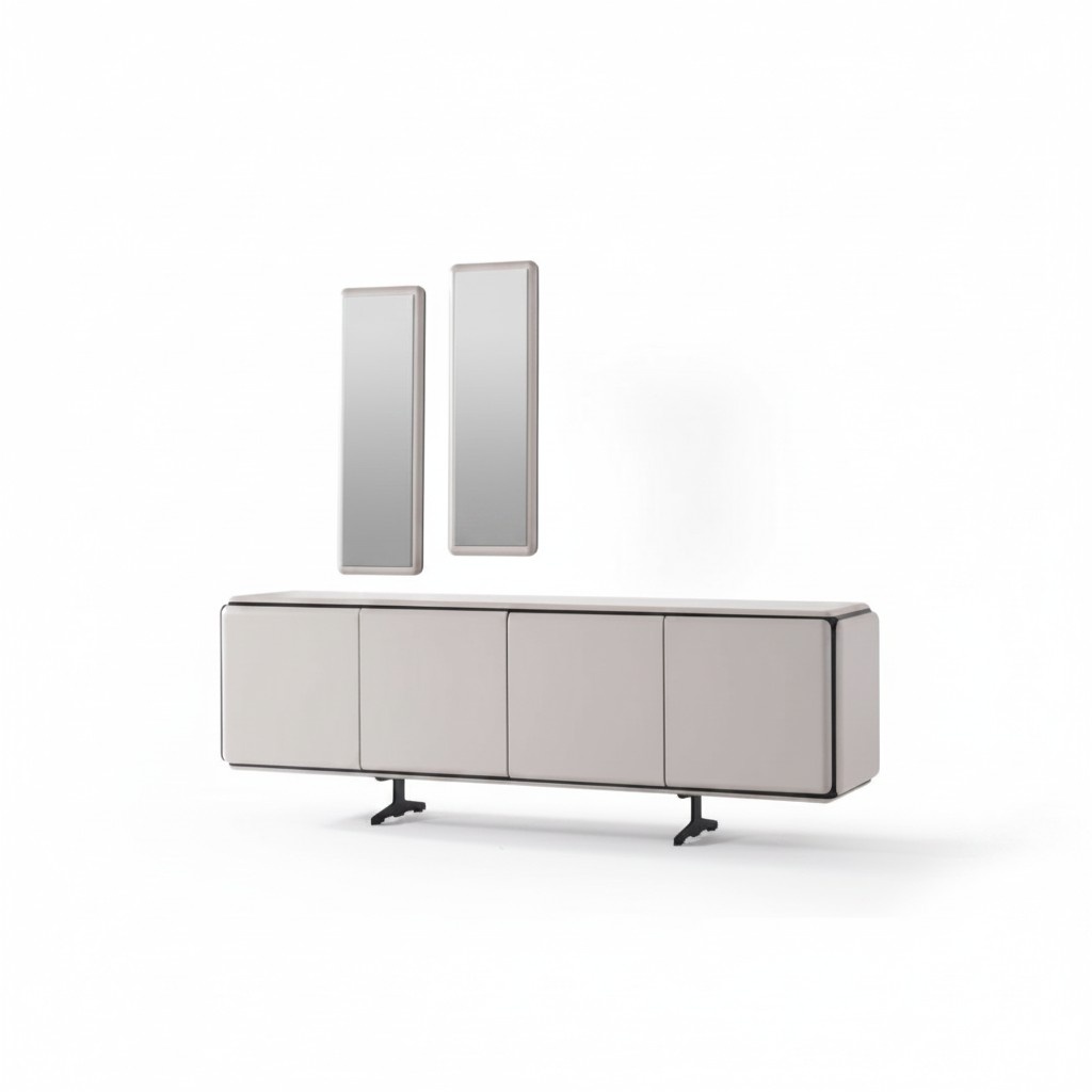 Elegantes Beiges Holz- und Glasmöbelset mit Sideboard und Spiegel