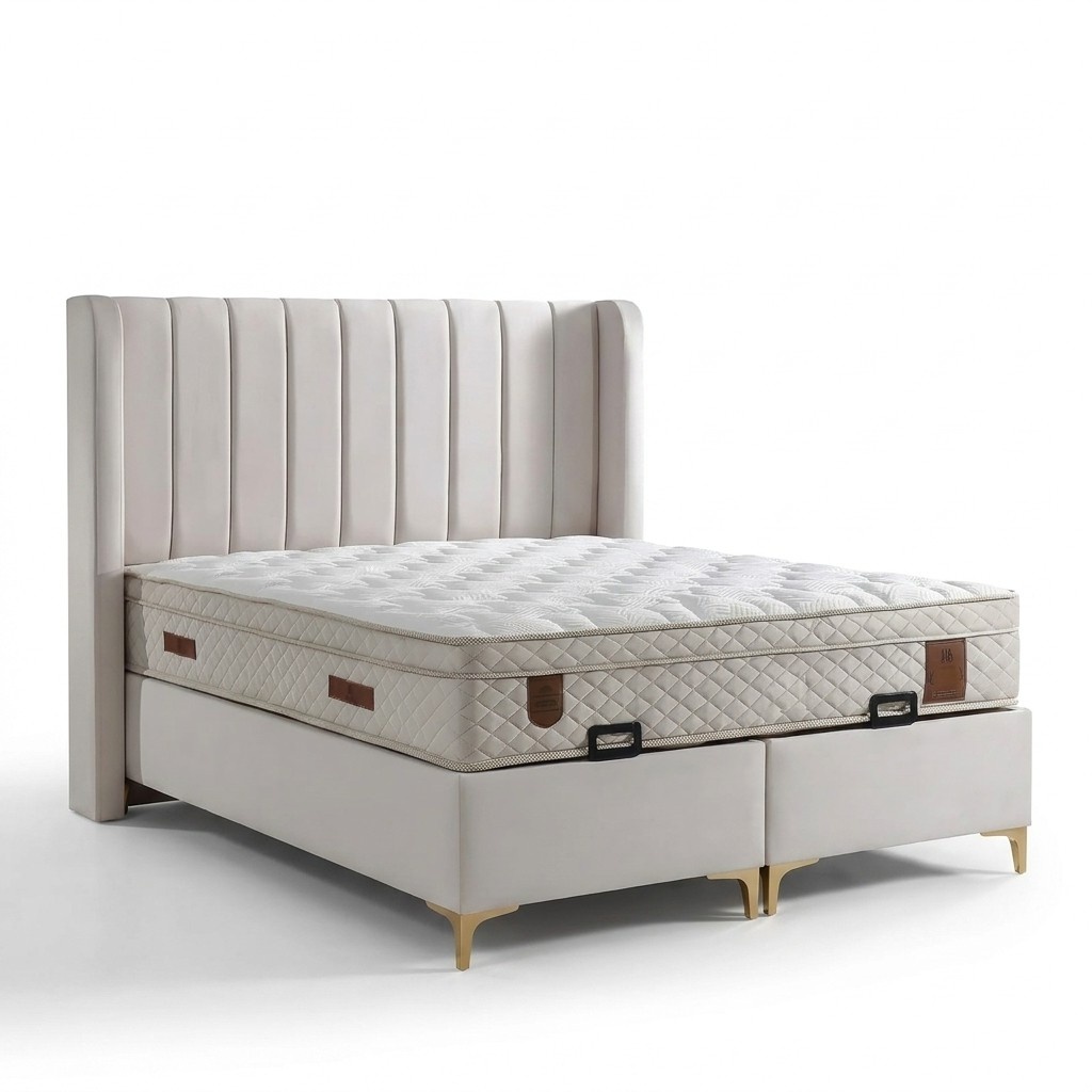 Elegantes Bett mit Matratze aus Textil in Beige