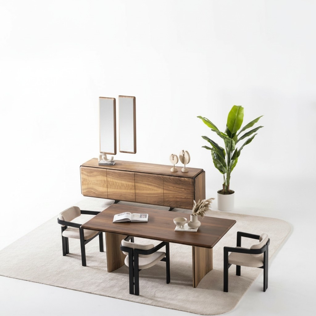 Elegantes braunes 7-tlg. Esszimmer Set aus Holz mit Esstisch, Stühlen