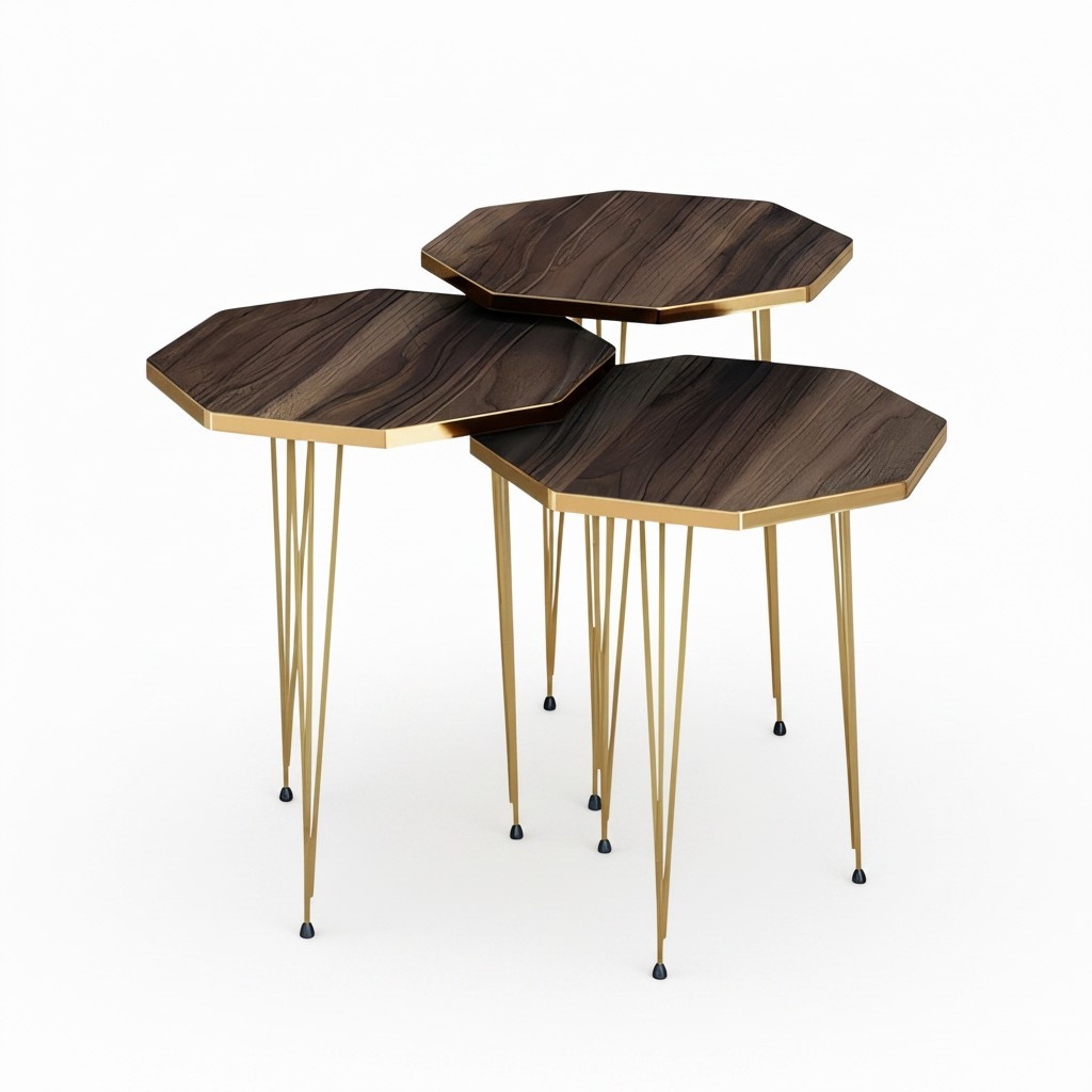 Elegantes braunes Couchtisch-Set aus Holz und Edelstahl
