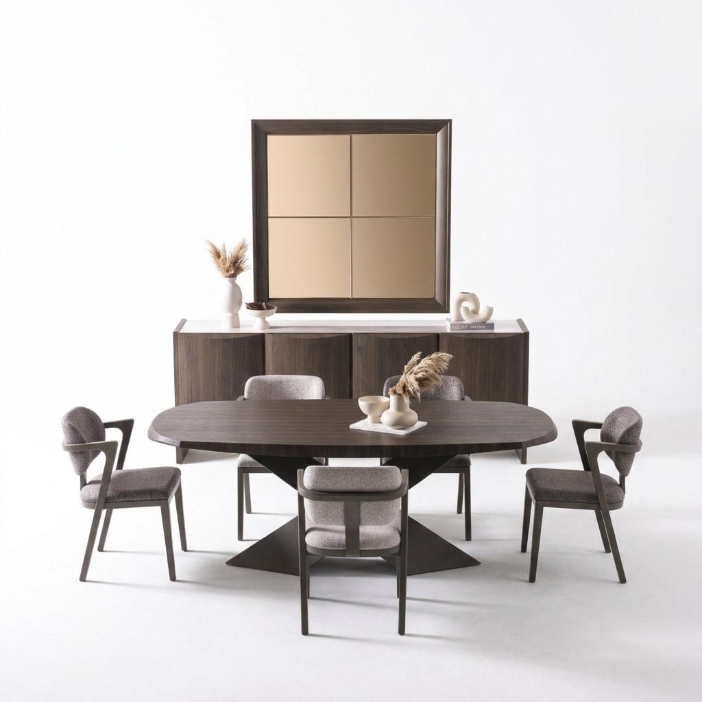 Elegantes braunes Holz Esszimmer Set mit Tisch, Stühlen, Sideboard