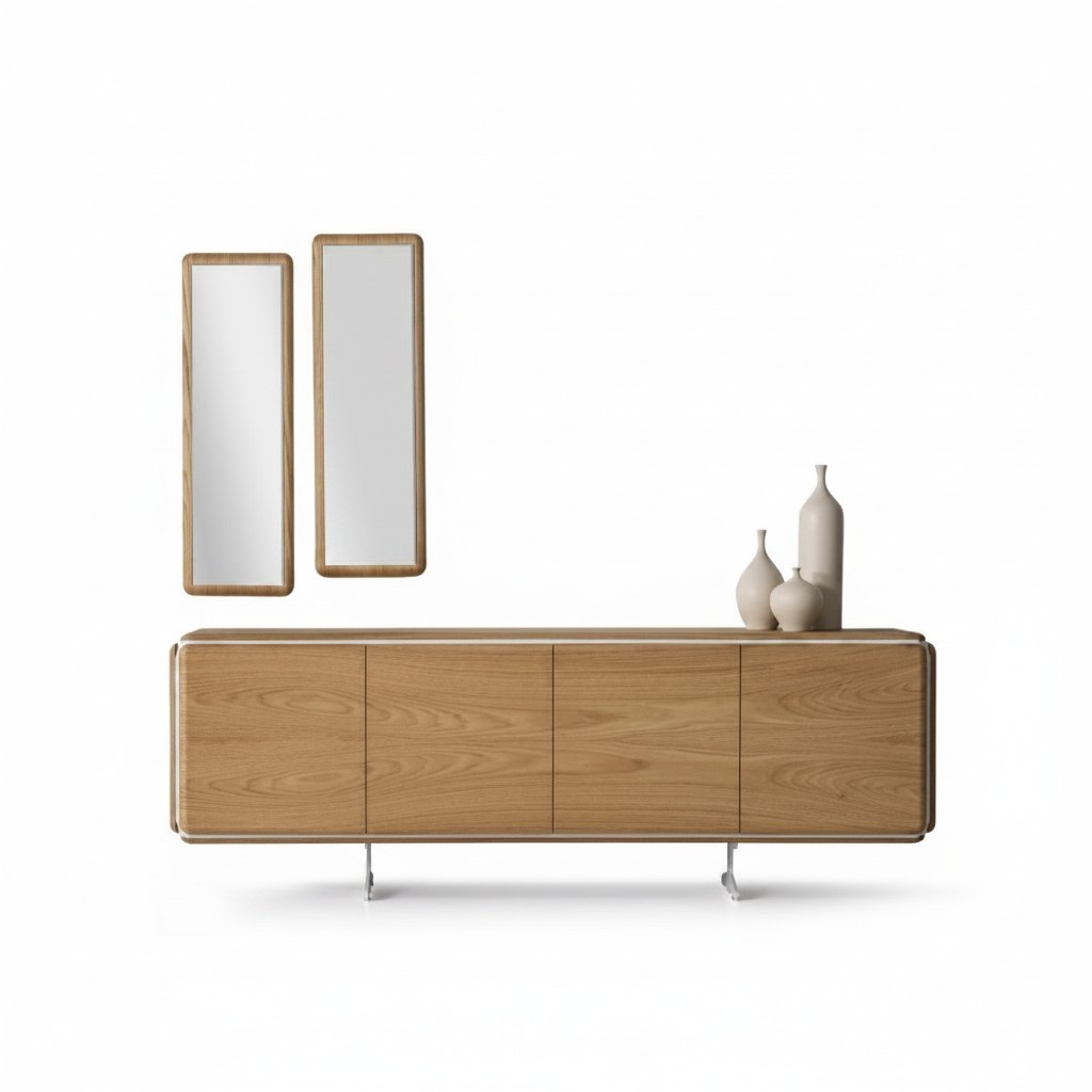 Elegantes braunes Holz-Set mit Sideboard und Spiegel für Esszimmer