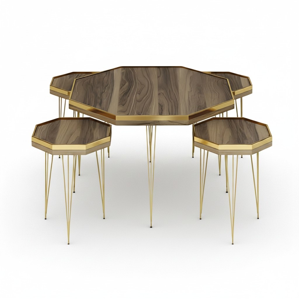 Elegantes braunes Wohnzimmer-Set aus Holz und MDF mit goldfarbenen