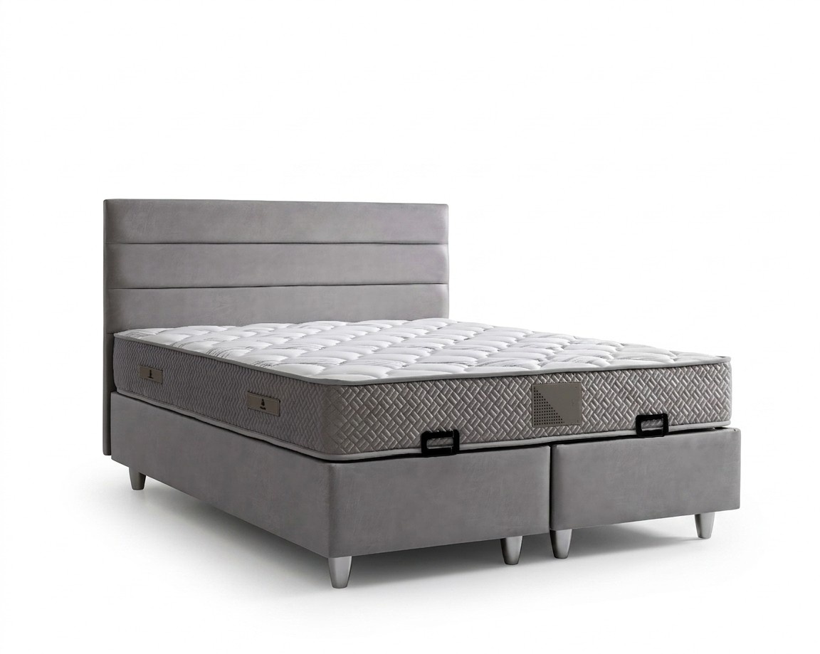Elegantes graues Bett mit Matratze aus Textil und Holz