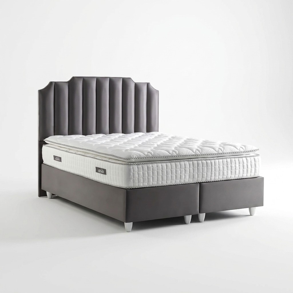 Elegantes graues Bett mit Matratze aus Textil und Holz