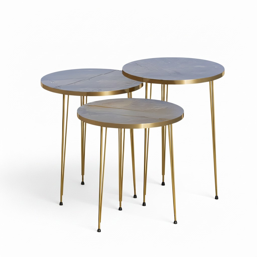 Elegantes graues Couchtisch-Set aus Holz und Edelstahl