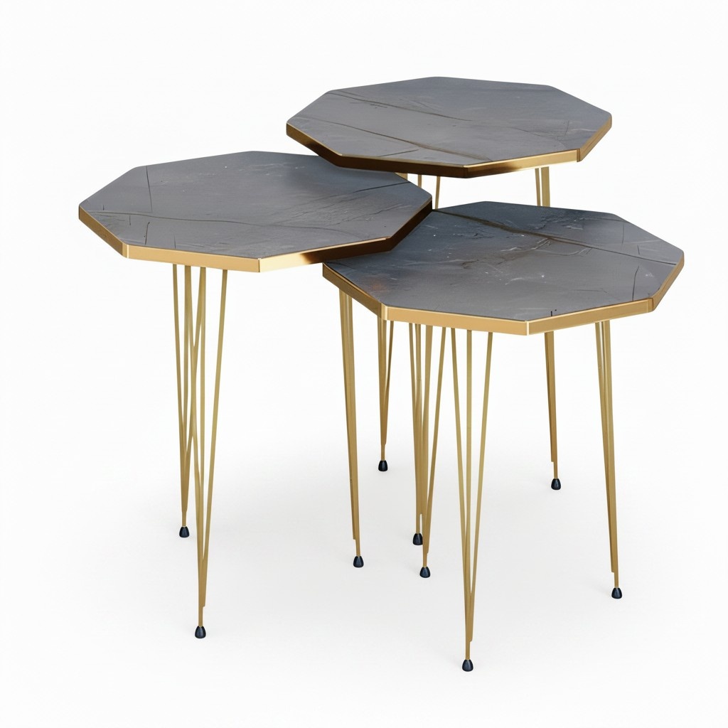 Elegantes graues Couchtisch-Set aus Holz und Edelstahl