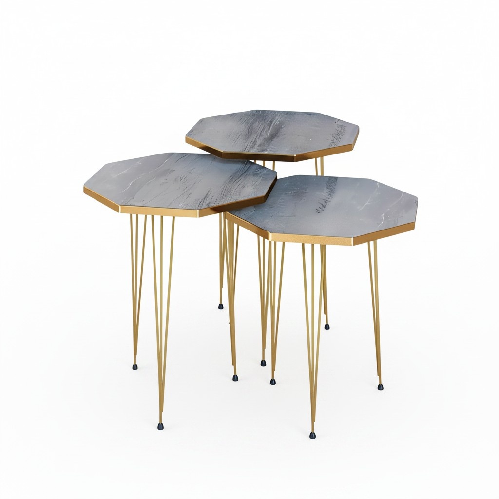 Elegantes graues Couchtisch-Set aus Holz und Edelstahl