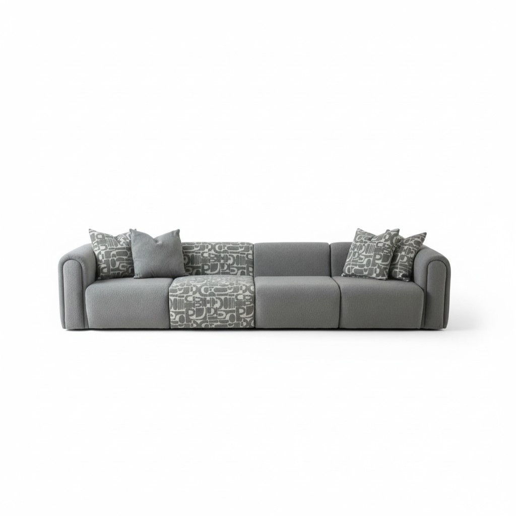 Elegantes graues Stoffsofa mit Holzrahmen für modernes Wohnzimmer