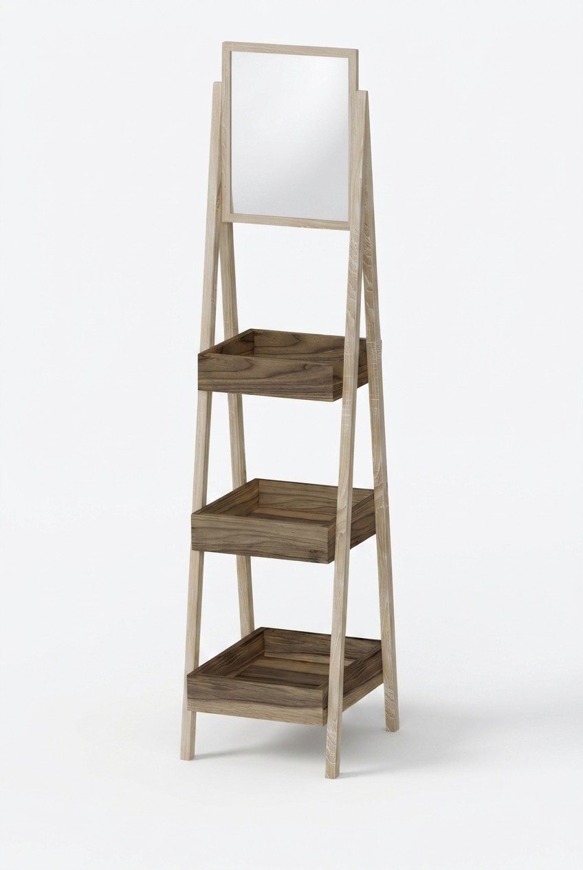 Elegantes Holzregal mit Spiegel in Beigeton für Wohnzimmer und Flur