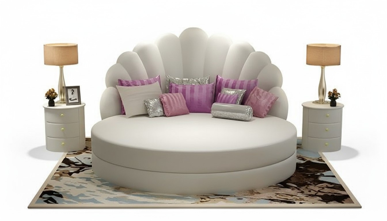 Elegantes Rundbett Weiß Shell Design Polster Lila Silber Modernes Schlafzimmer