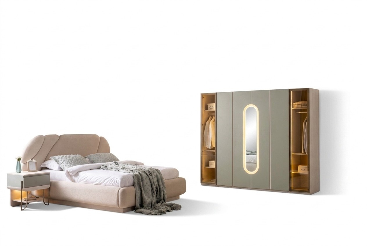 Elegantes Schlafzimmer in einheitlichem, modernem Stil