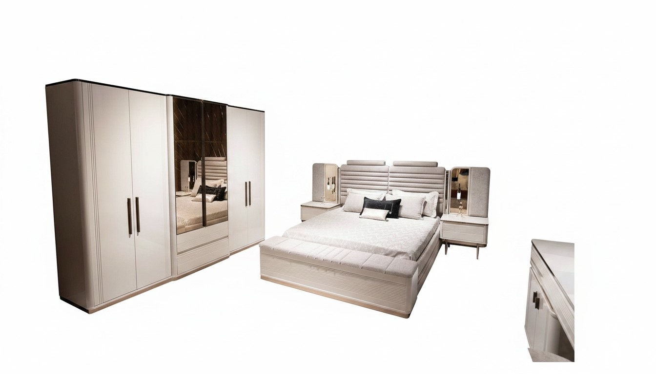 Elegantes Schlafzimmer-Set aus Holz in Beige mit Spiegel und Stauraum