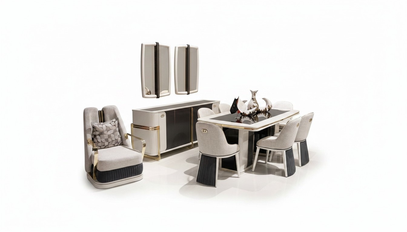 Elegantes weißes Esszimmer-Set mit Holz und Textil für stilvolle