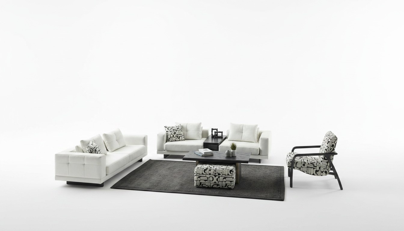 Elegantes weißes Wohnzimmer Set aus Holz und Textil